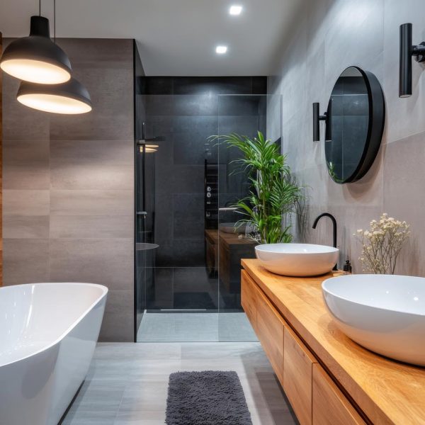 Modern minimalist bathroom interior with two ceramic sinks on wooden countertop, circle mirrors and white bathtub
